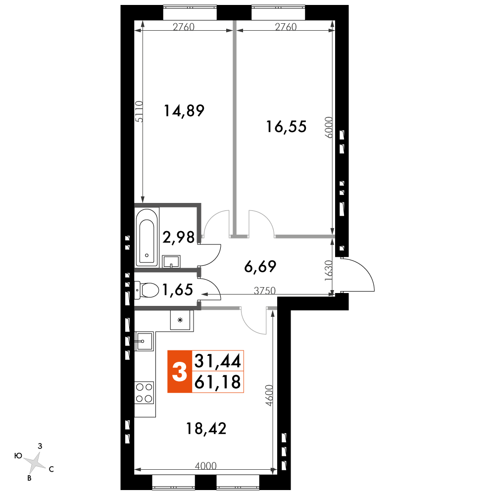 2 комн. квартира, 61.2 м², 3 этаж 