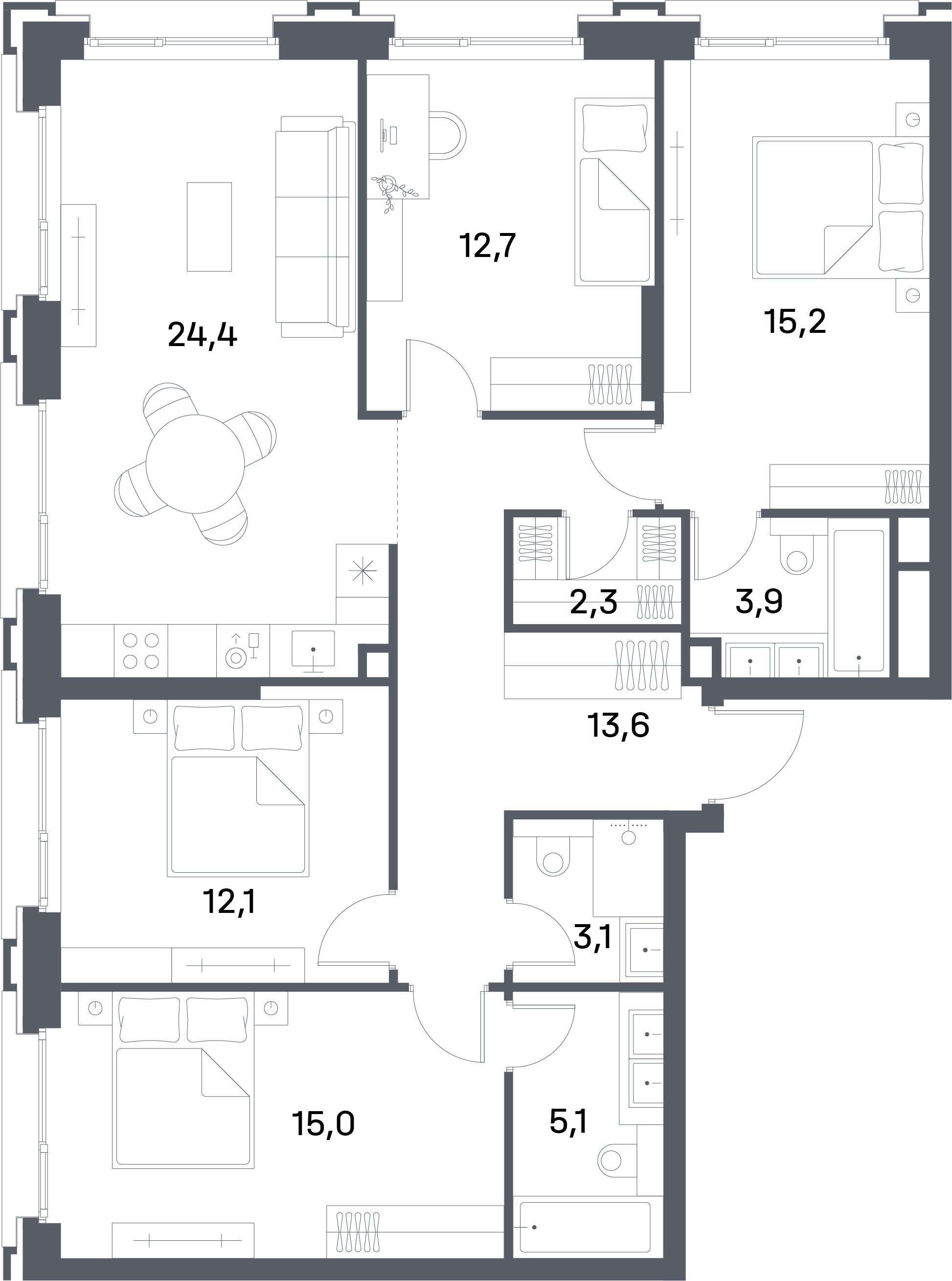 4 комн. квартира, 107.4 м², 13 этаж 