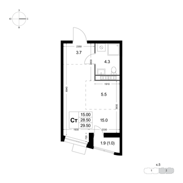 студия, 29.5 м², 5 этаж 