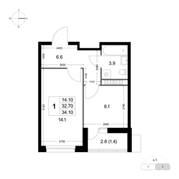 1 комн. квартира, 34.1 м², 8 этаж 