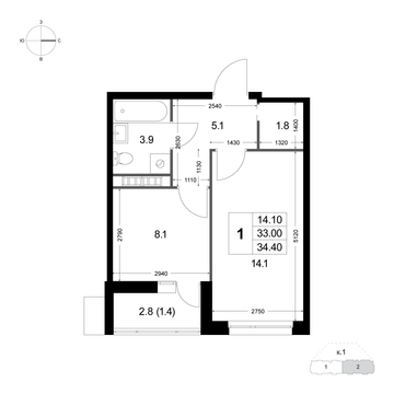 1 комн. квартира, 34.4 м², 5 этаж 