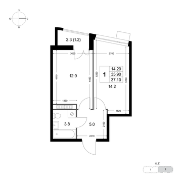 1 комн. квартира, 37.1 м², 4 этаж 