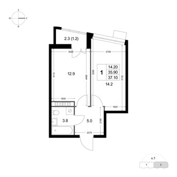 1 комн. квартира, 37.1 м², 5 этаж 