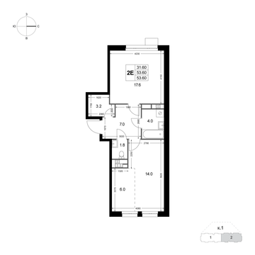 2 комн. квартира, 53.6 м², 2 этаж 