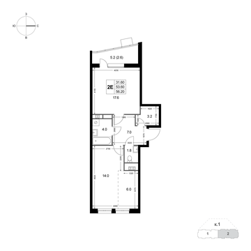 2 комн. квартира, 56.2 м², 3 этаж 