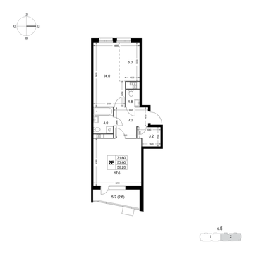 2 комн. квартира, 56.2 м², 4 этаж 