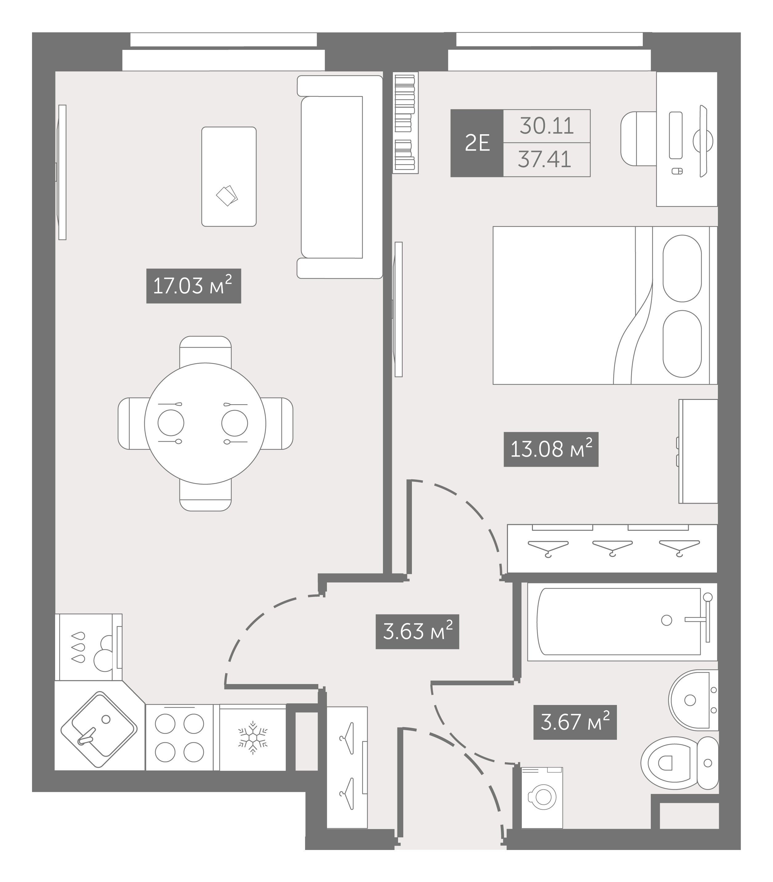 1 комн. квартира, 37.4 м², 6 этаж 