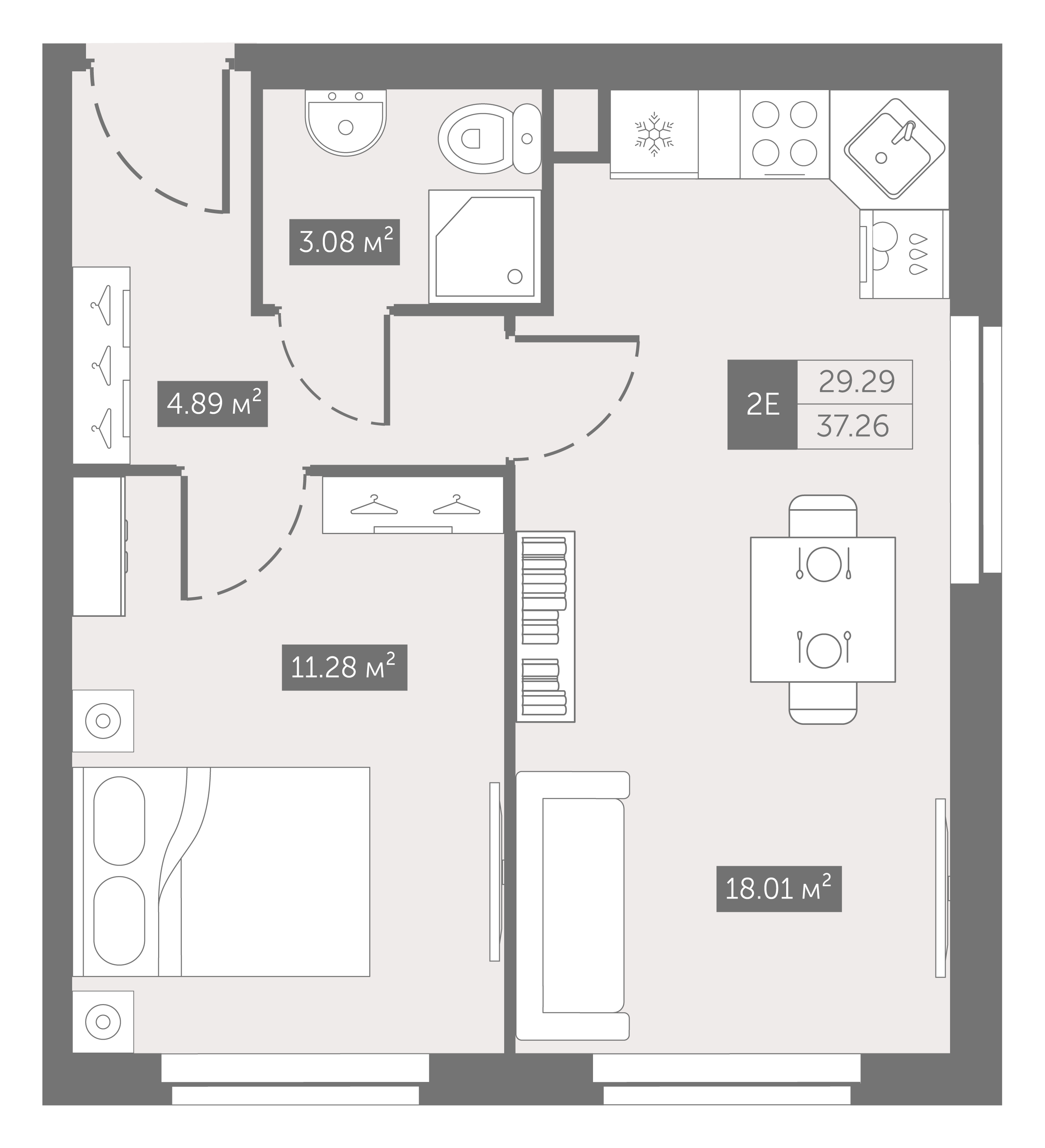 1 комн. квартира, 37.3 м², 2 этаж 