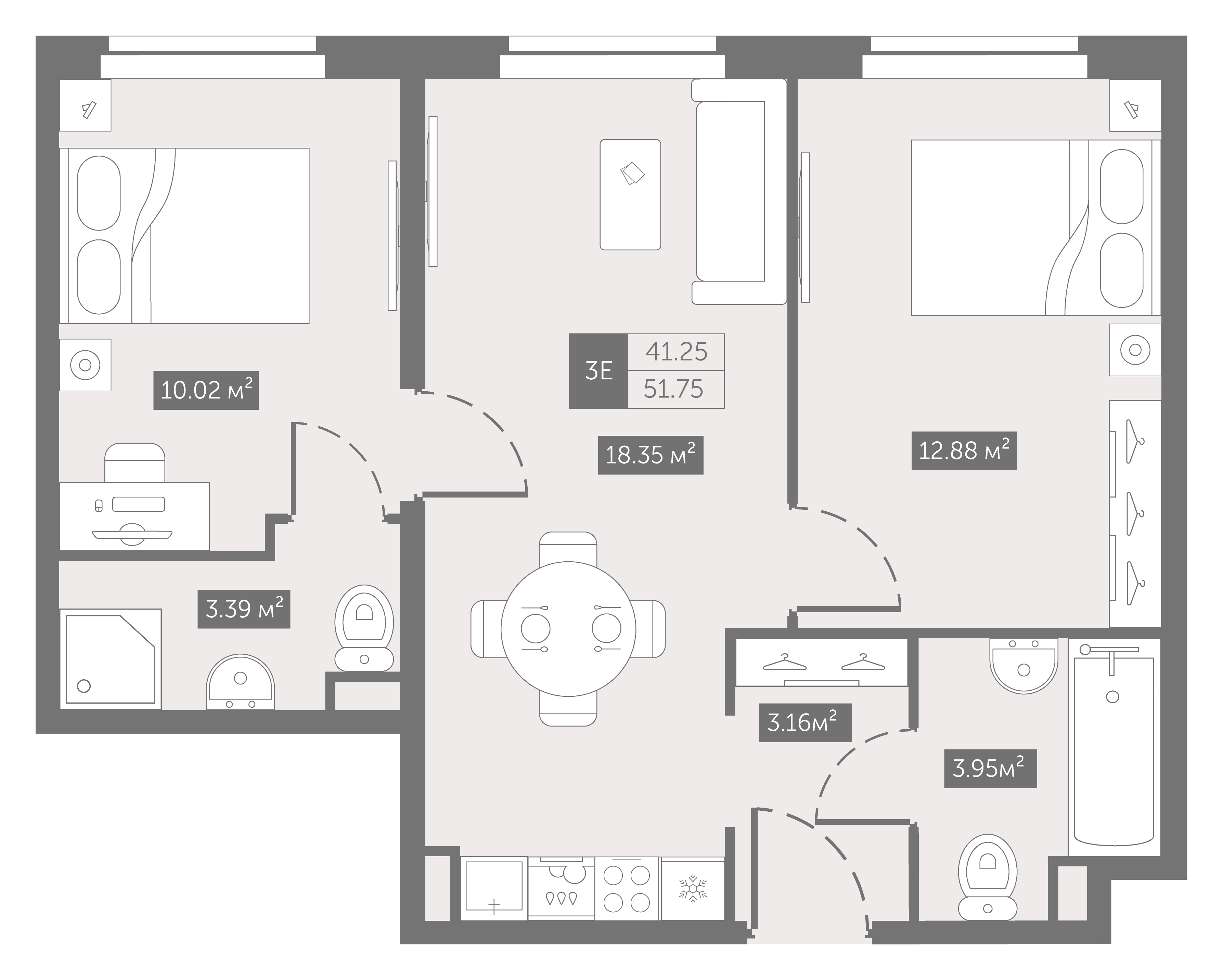 2 комн. квартира, 51.8 м², 5 этаж 