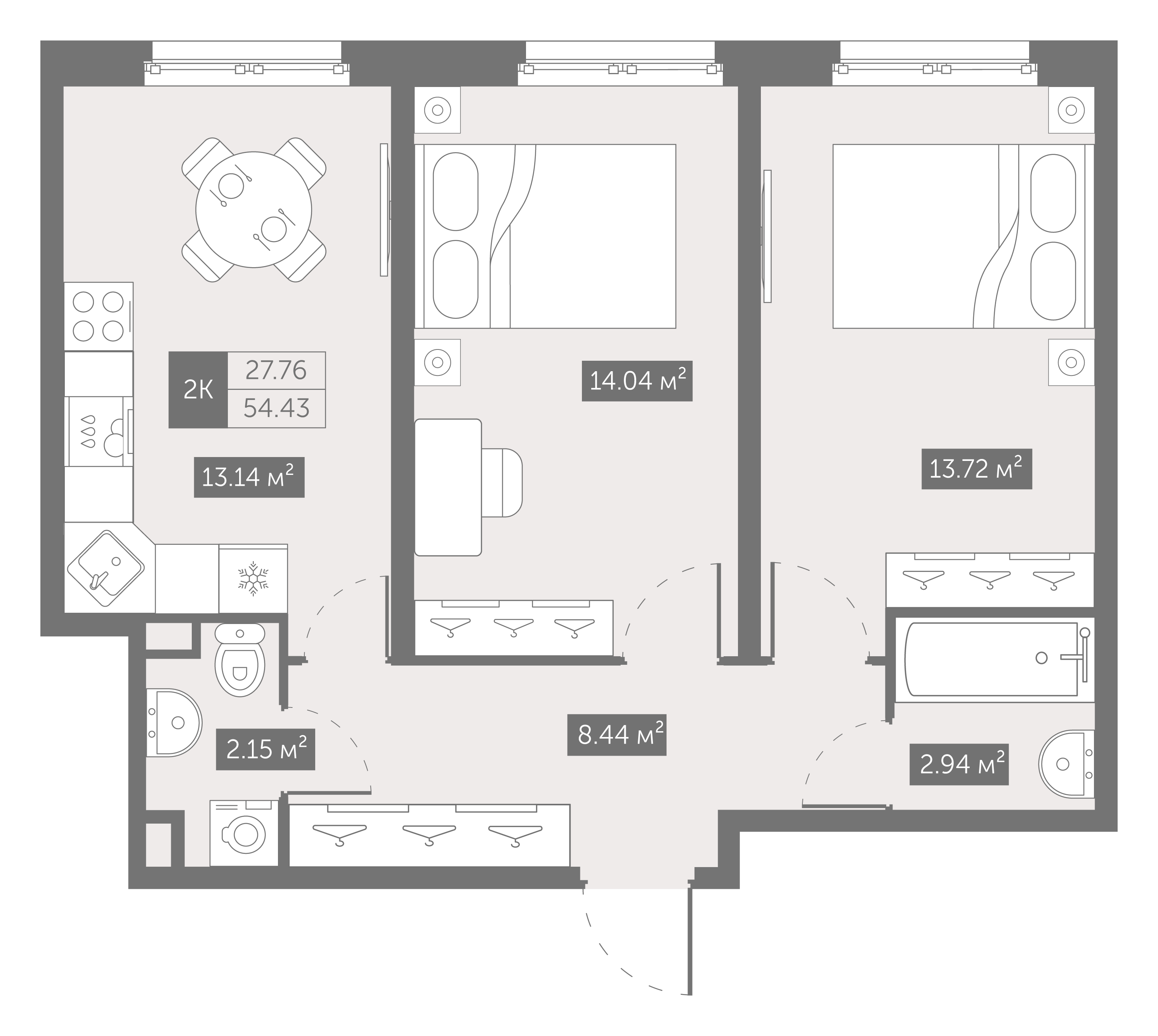 1 комн. квартира, 54.4 м², 13 этаж 