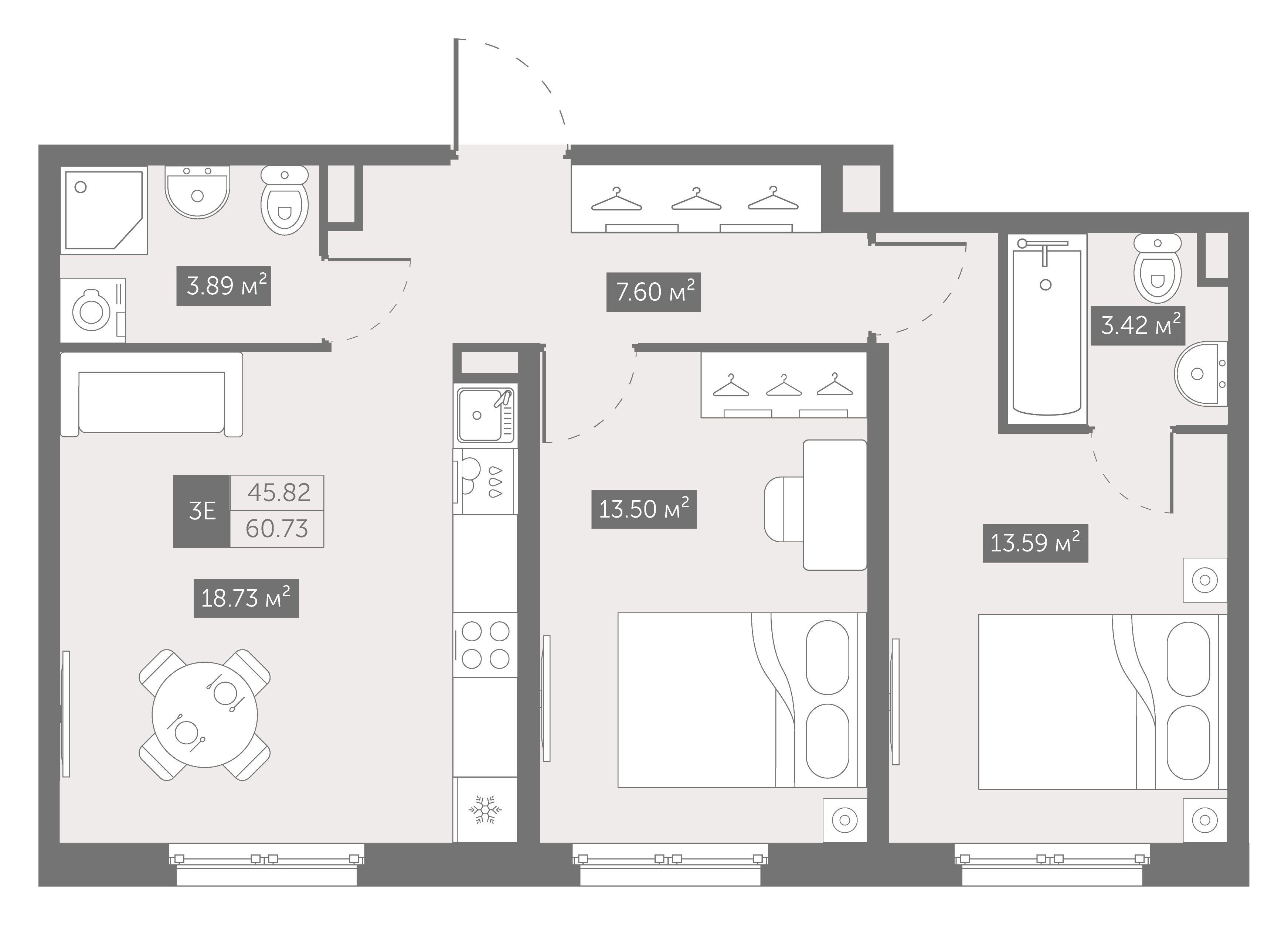 1 комн. квартира, 60.7 м², 2 этаж 