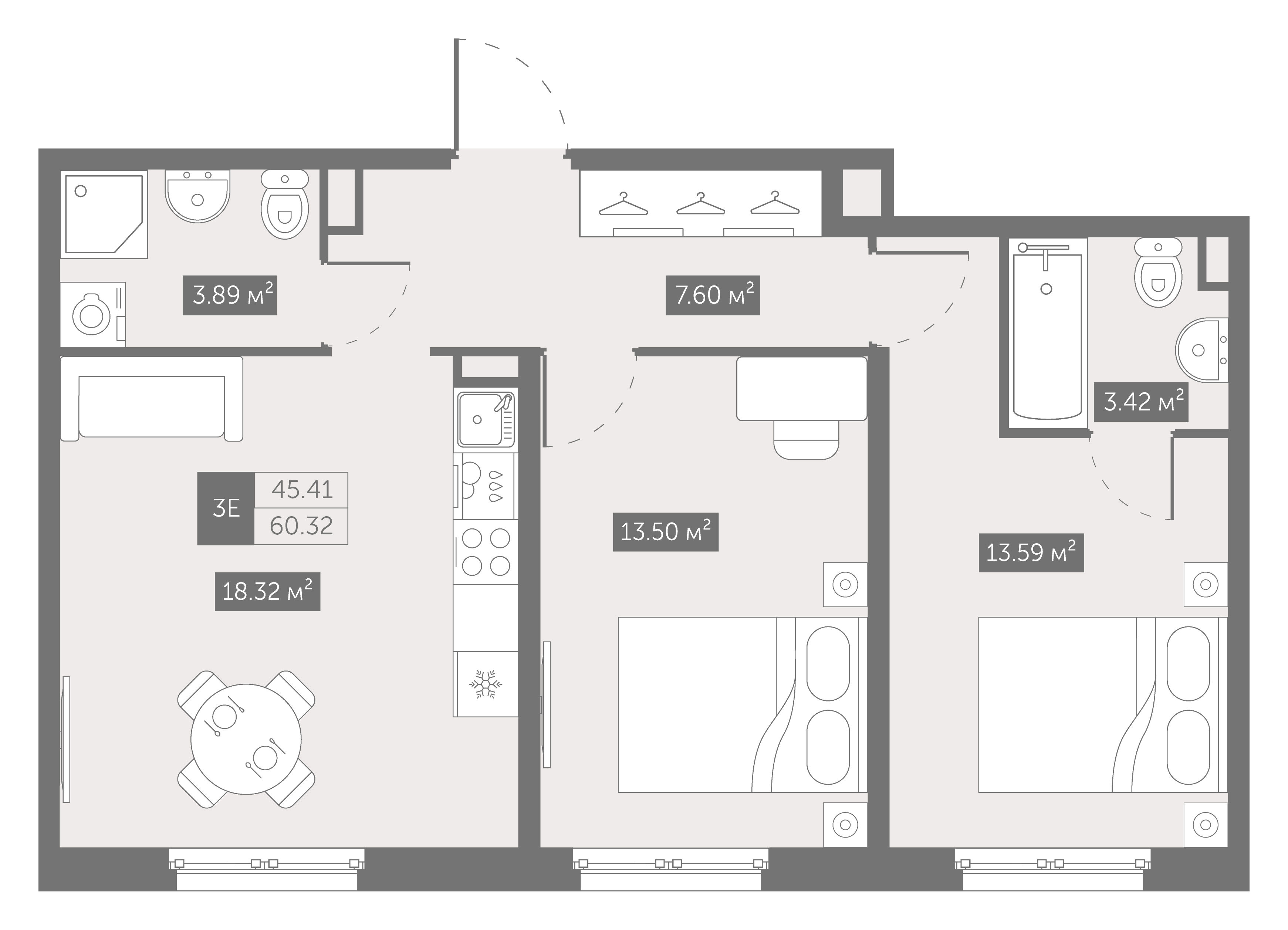 1 комн. квартира, 60.3 м², 5 этаж 