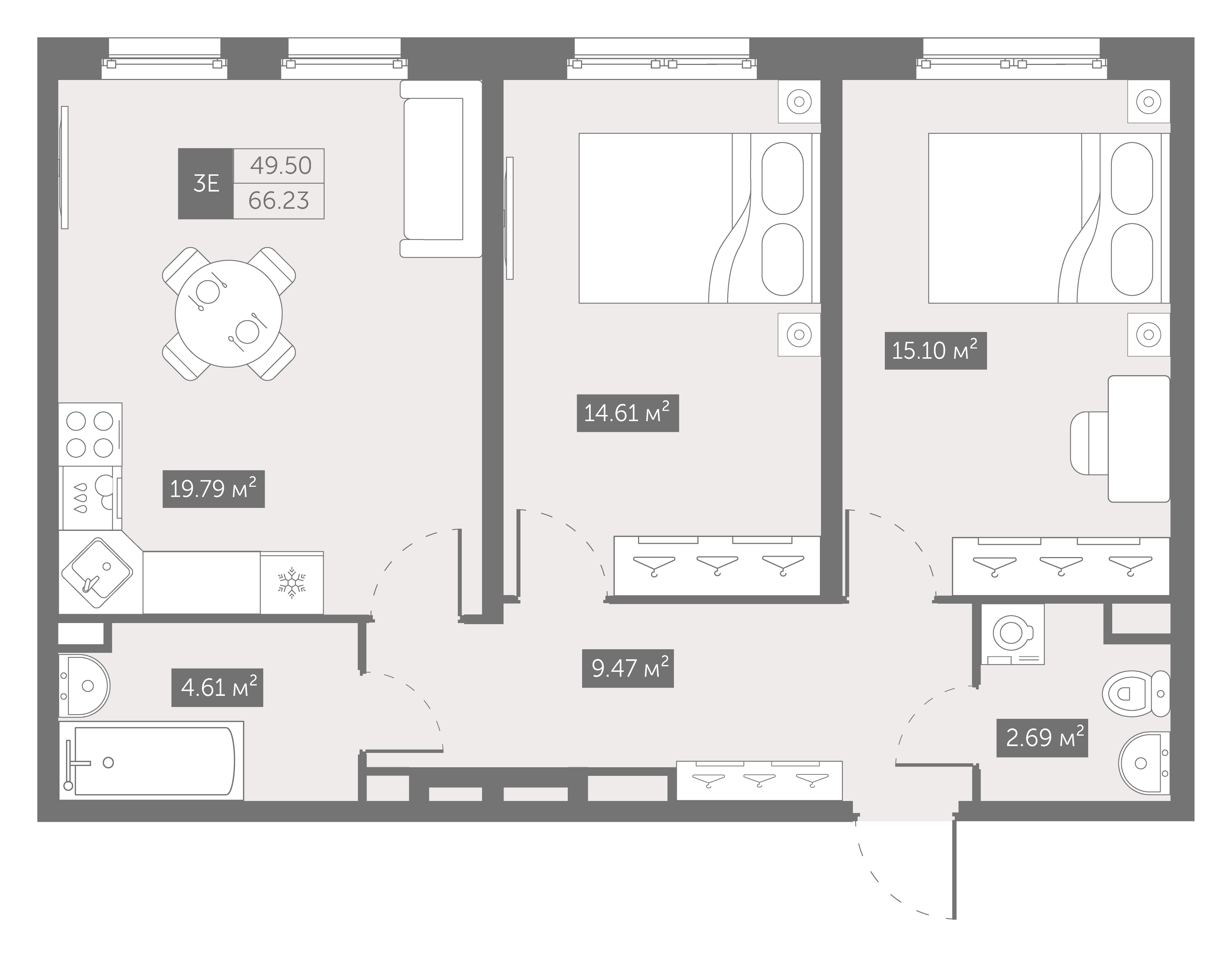 квартира со свободной планировкой, 66.2 м², 12 этаж 