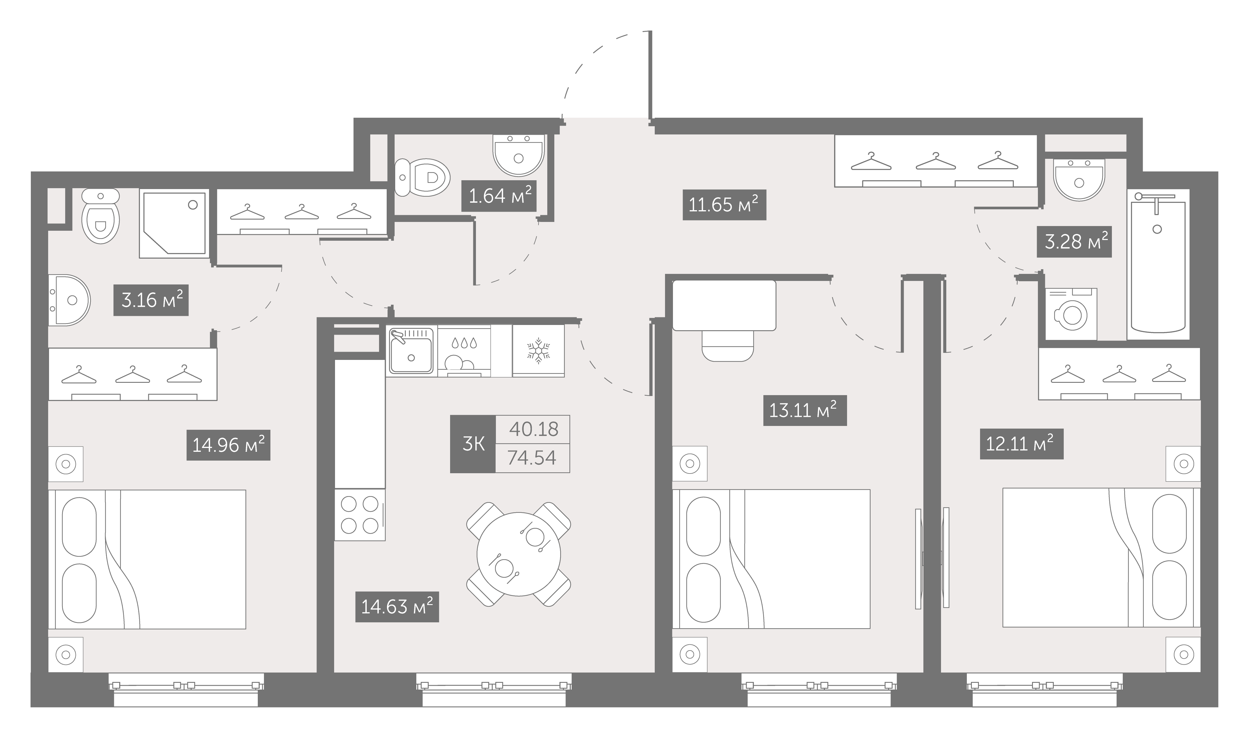 квартира со свободной планировкой, 74.5 м², 2 этаж 
