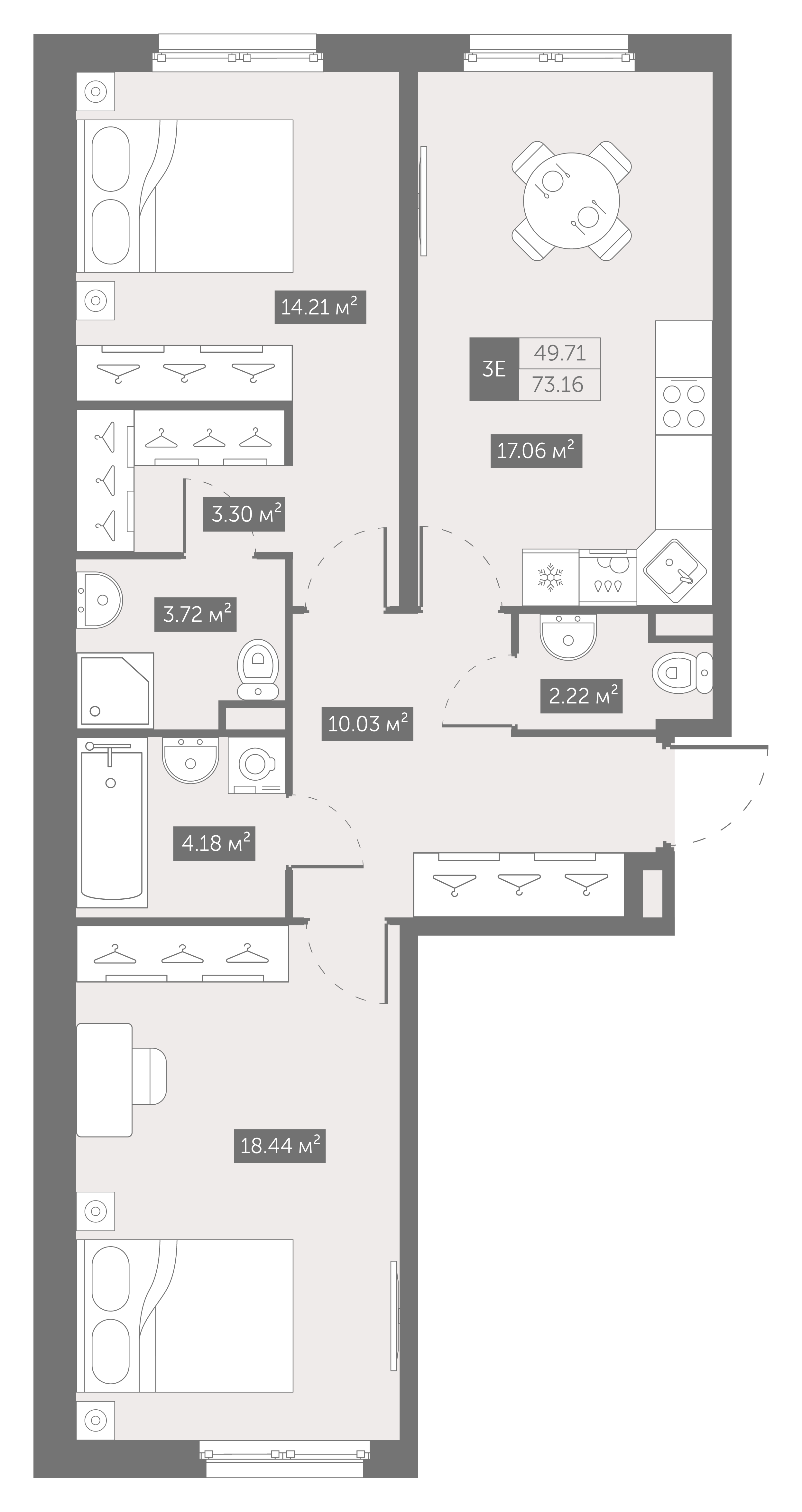 квартира со свободной планировкой, 73.2 м², 3 этаж 