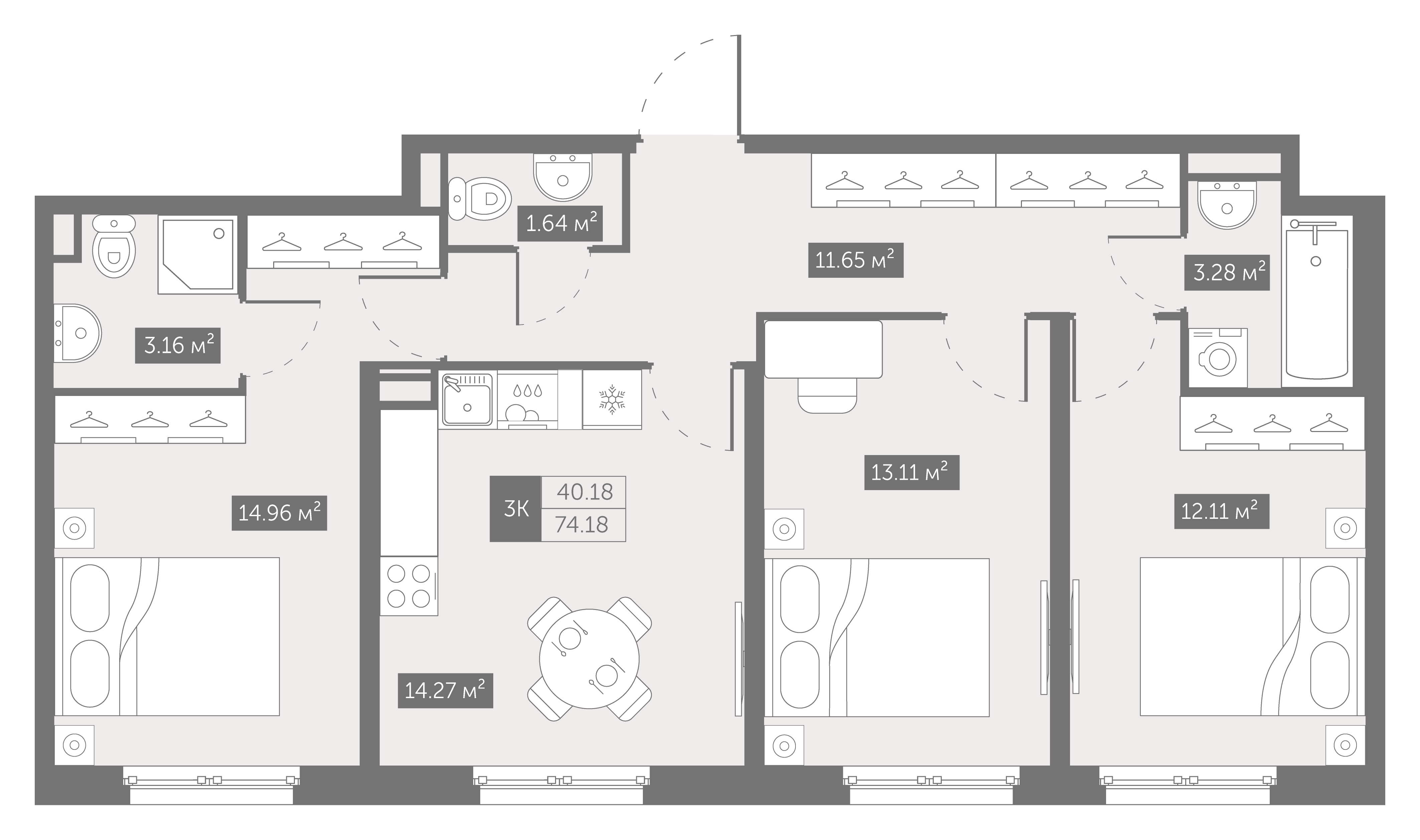 квартира со свободной планировкой, 74.2 м², 4 этаж 