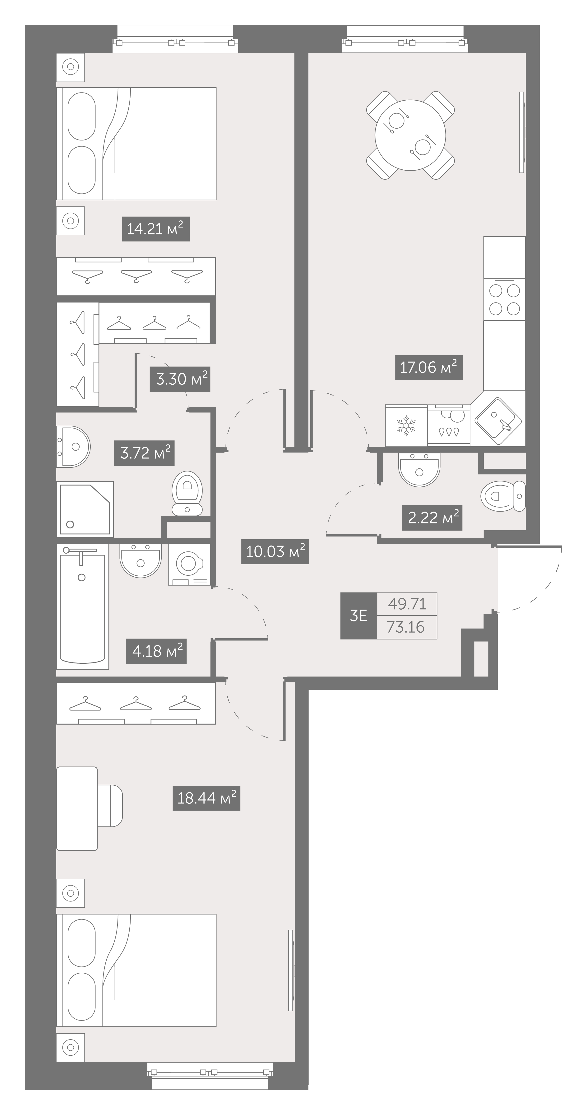 квартира со свободной планировкой, 73.2 м², 14 этаж 
