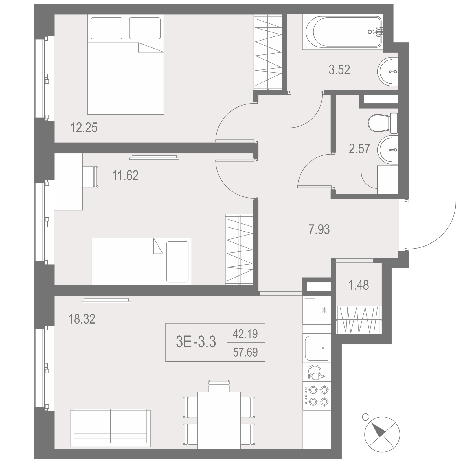 1 комн. квартира, 57.7 м², 8 этаж 