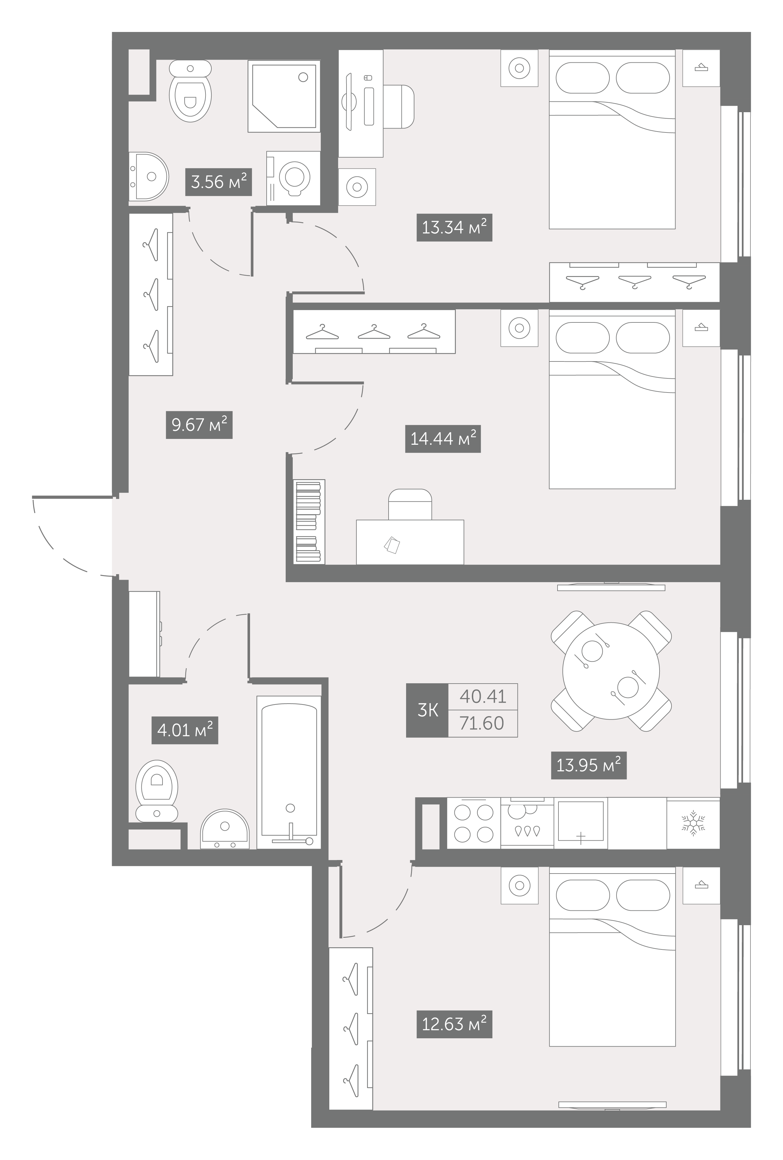 3 комн. квартира, 71.6 м², 16 этаж 