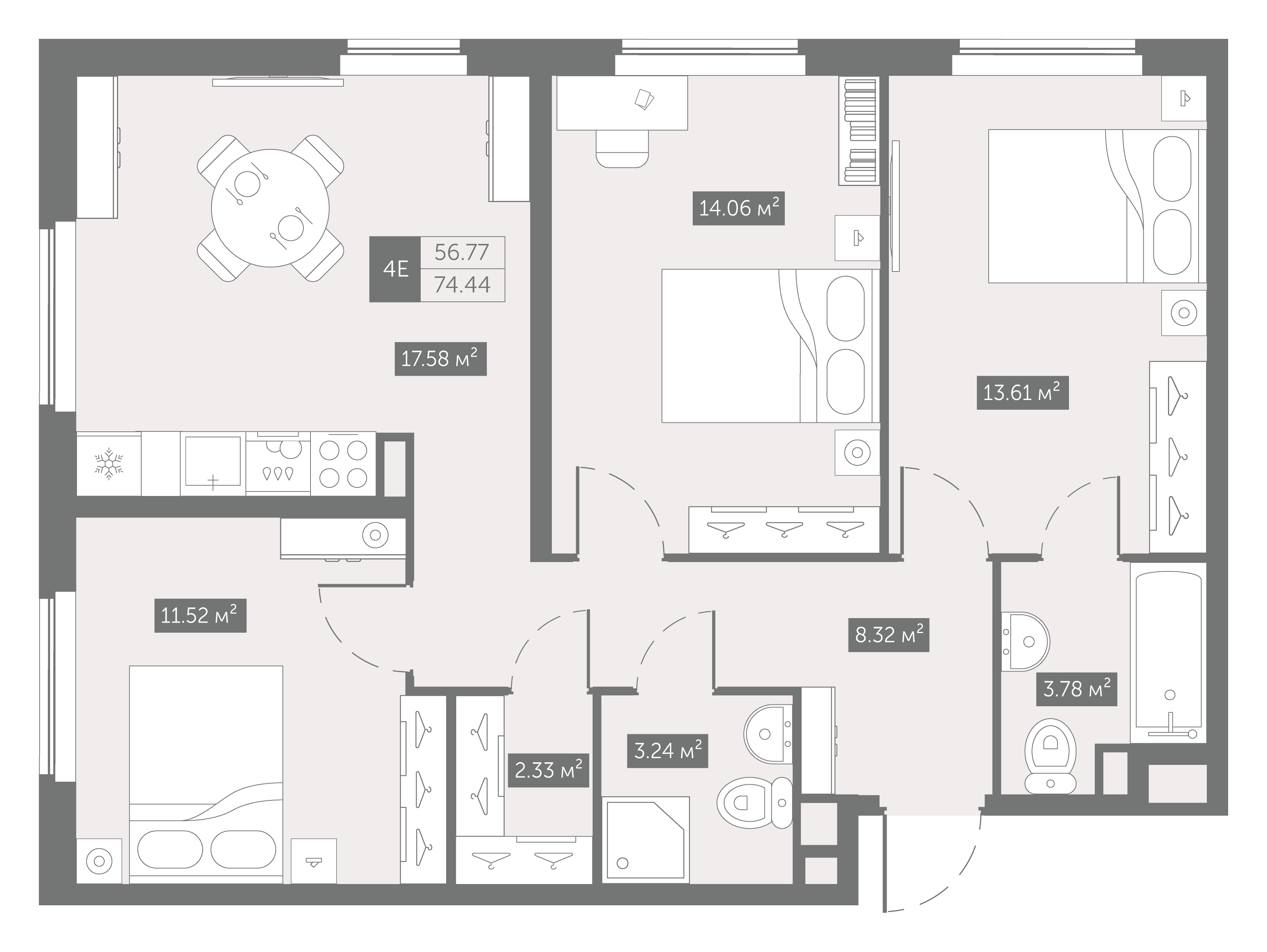 2 комн. квартира, 74.4 м², 2 этаж 