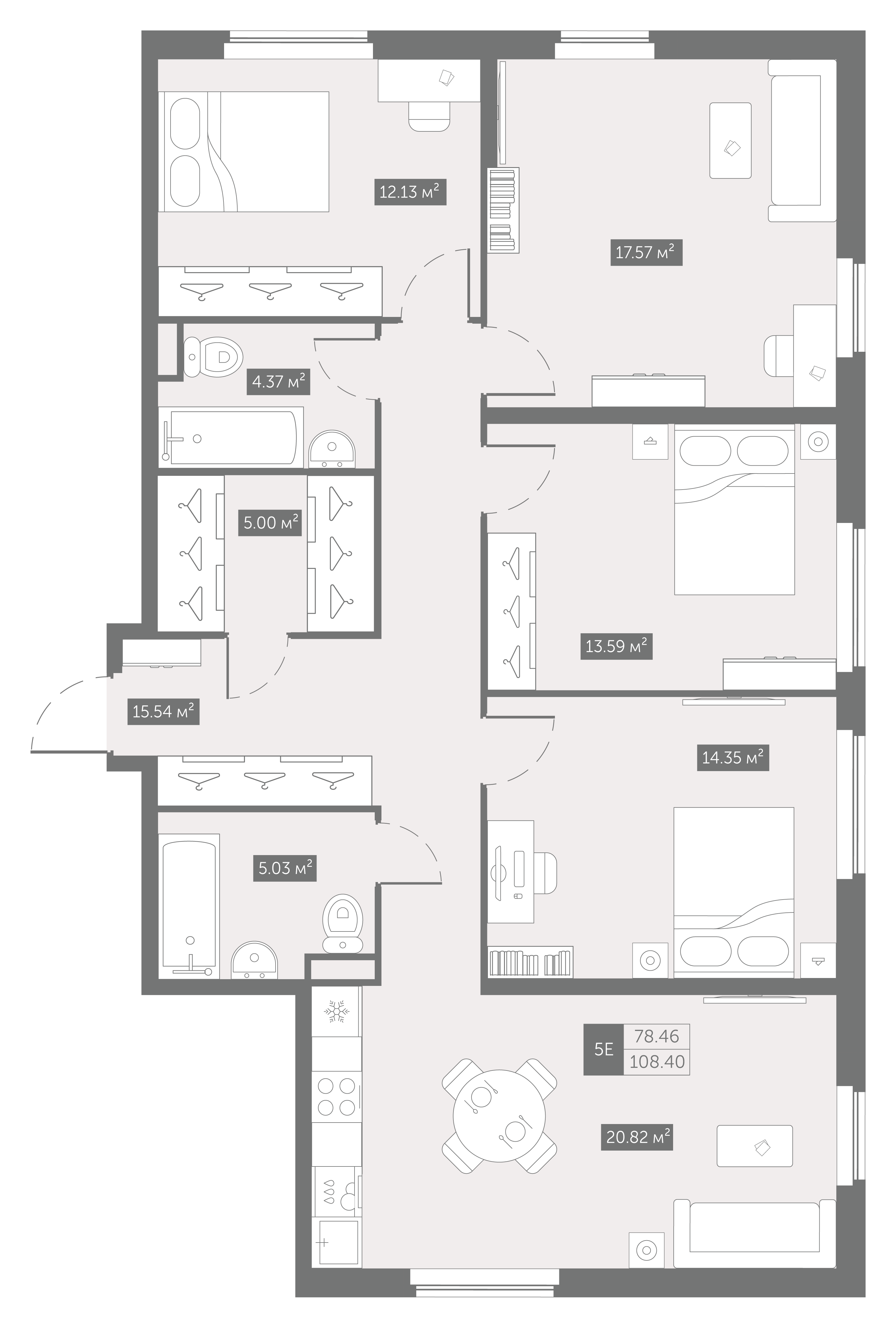 3 комн. квартира, 108.4 м², 17 этаж 