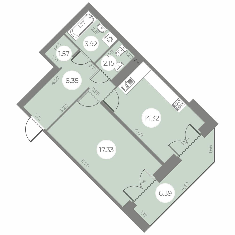 1 комн. квартира, 50.8 м², 16 этаж 
