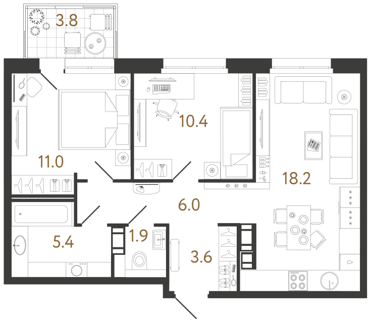 2 комн. квартира, 56.5 м², 5 этаж 