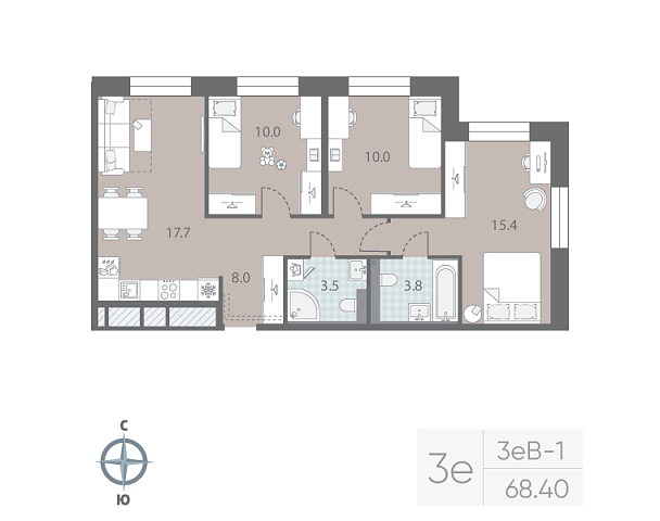 2 комн. квартира, 68.4 м², 2 этаж 