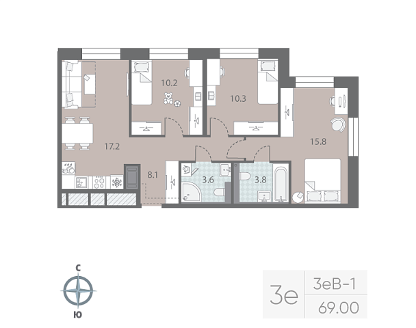 2 комн. квартира, 69 м², 3 этаж 