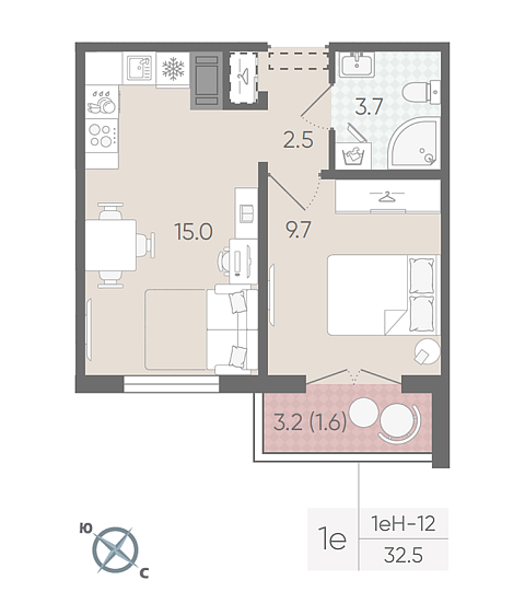 студия, 32.5 м², 6 этаж 