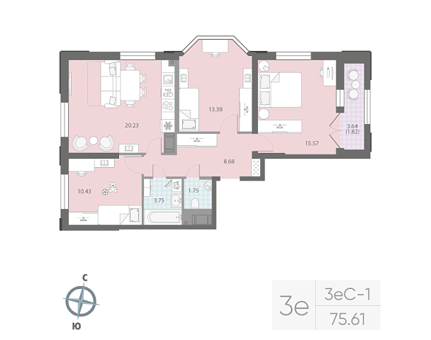 2 комн. квартира, 75.6 м², 7 этаж 