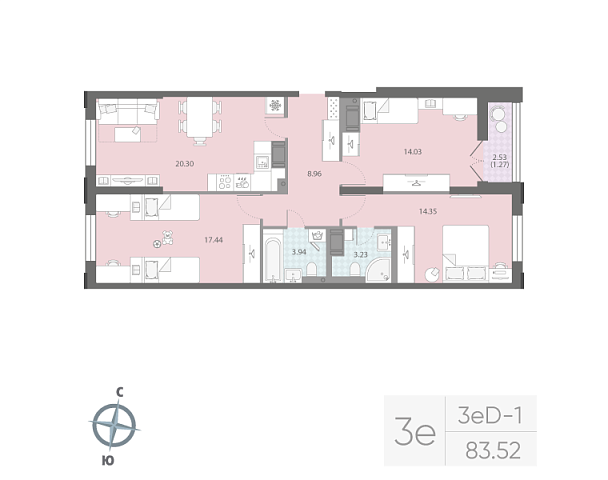 2 комн. квартира, 83.5 м², 7 этаж 