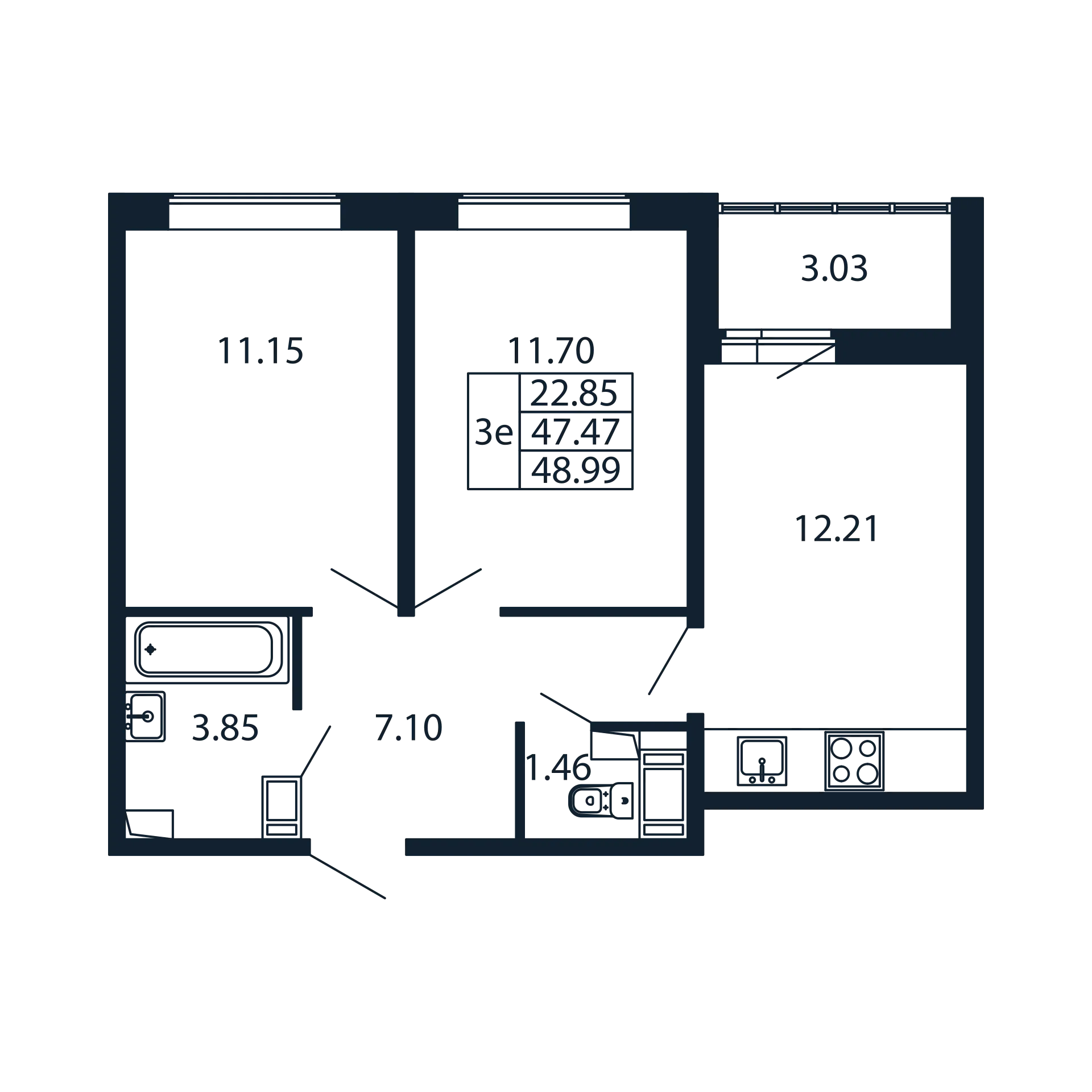 3 комн. квартира, 46 м², 8 этаж 