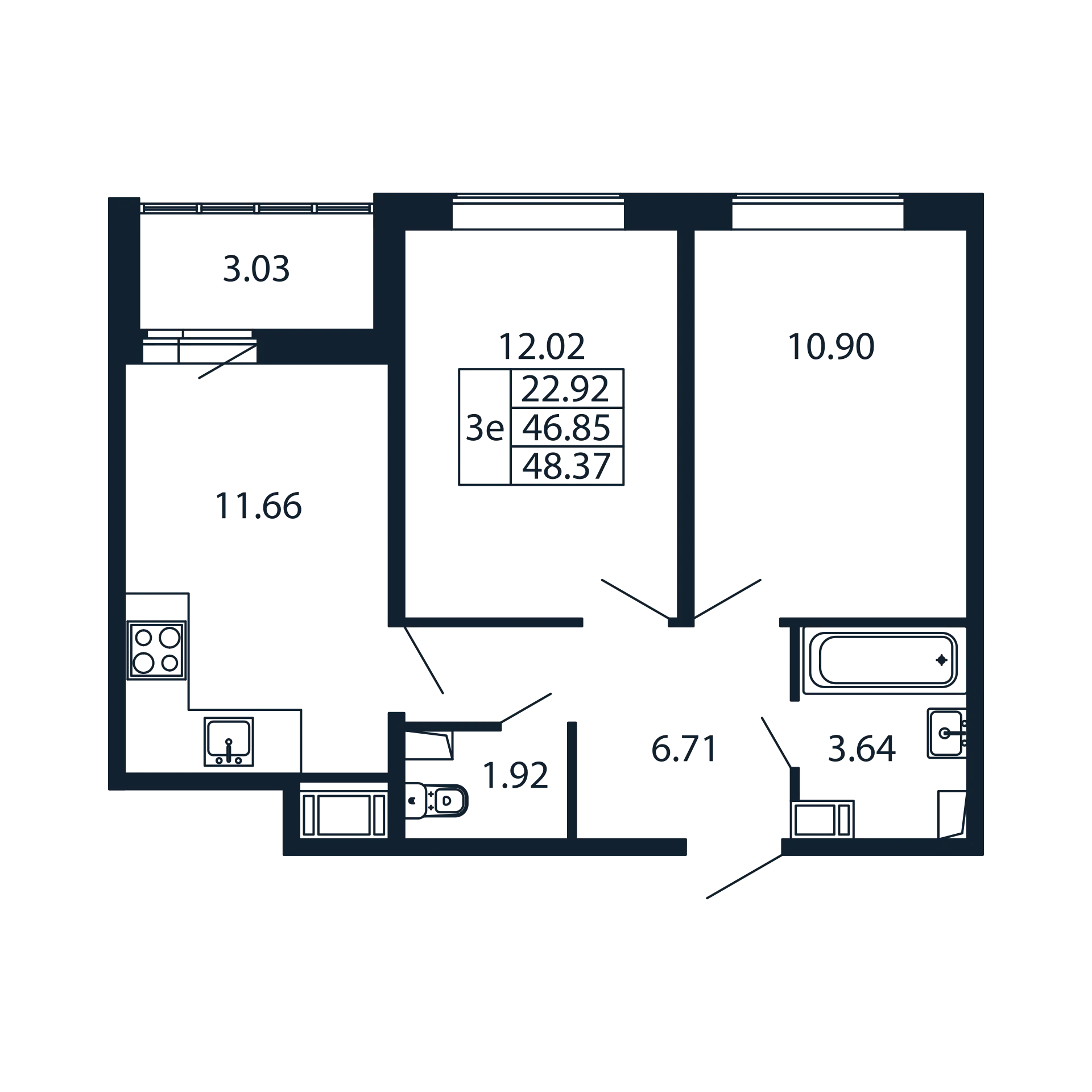 3 комн. квартира, 46 м², 10 этаж 