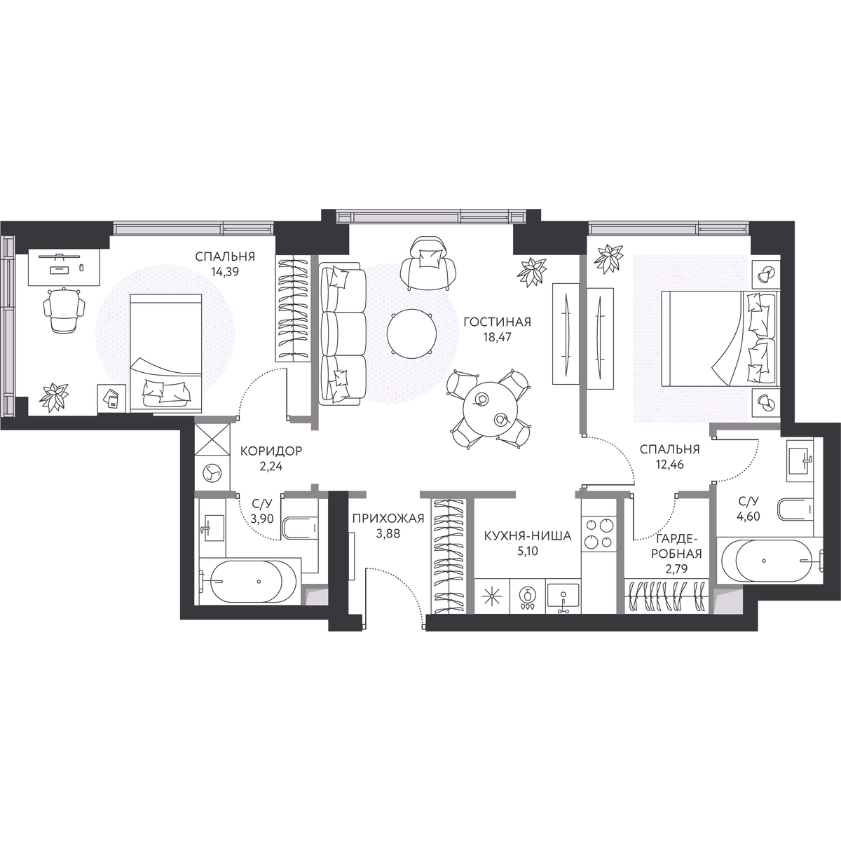 2 комн. квартира, 68.6 м², 40 этаж 
