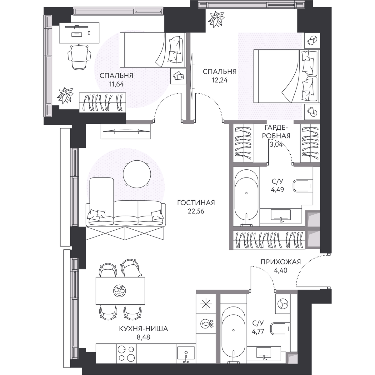 2 комн. квартира, 72.5 м², 16 этаж 