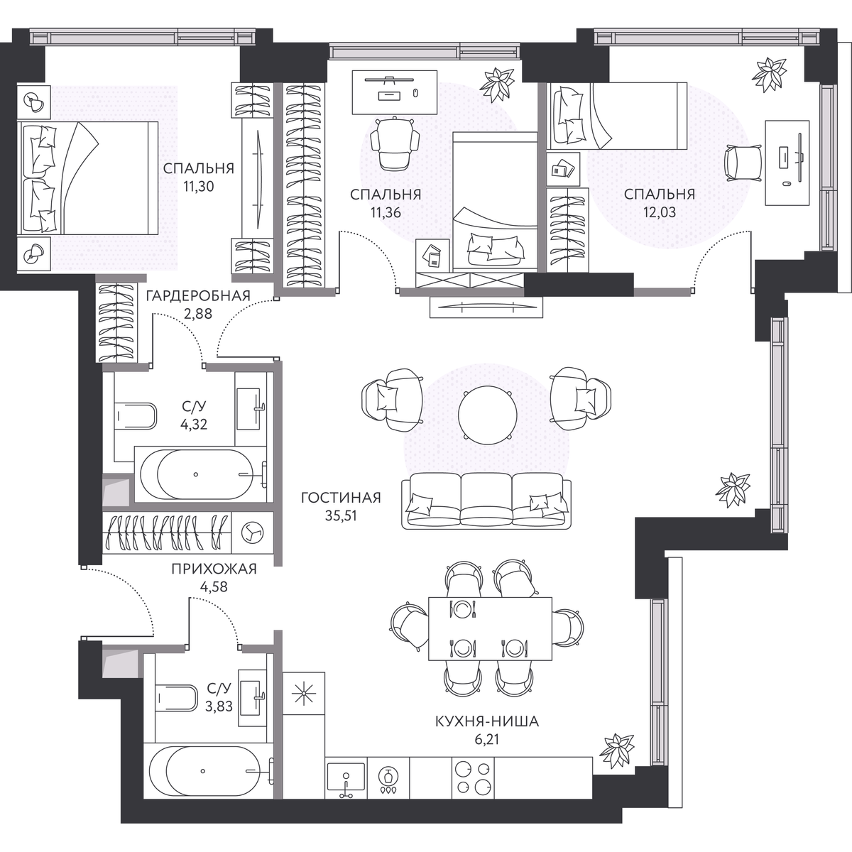 3 комн. квартира, 93.3 м², 34 этаж 