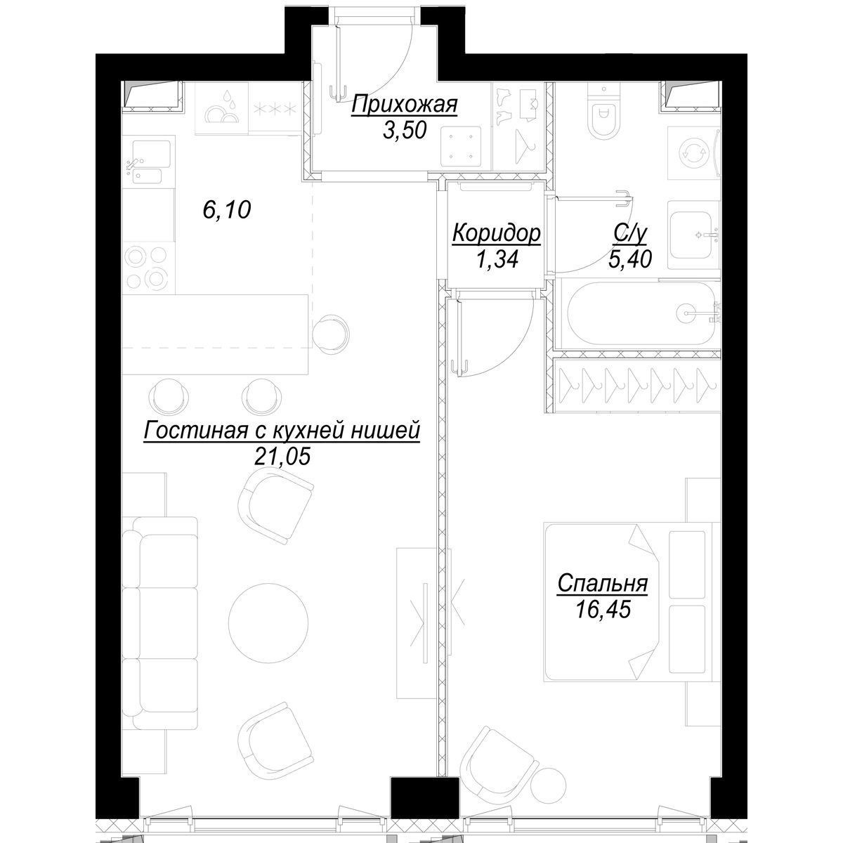 1 комн. квартира, 54.3 м², 2 этаж 