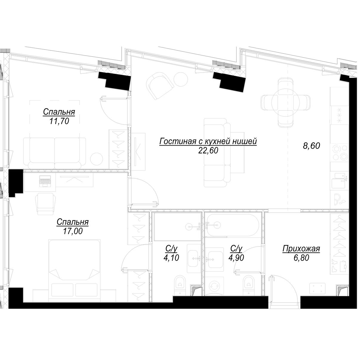 2 комн. квартира, 77.1 м², 4 этаж 