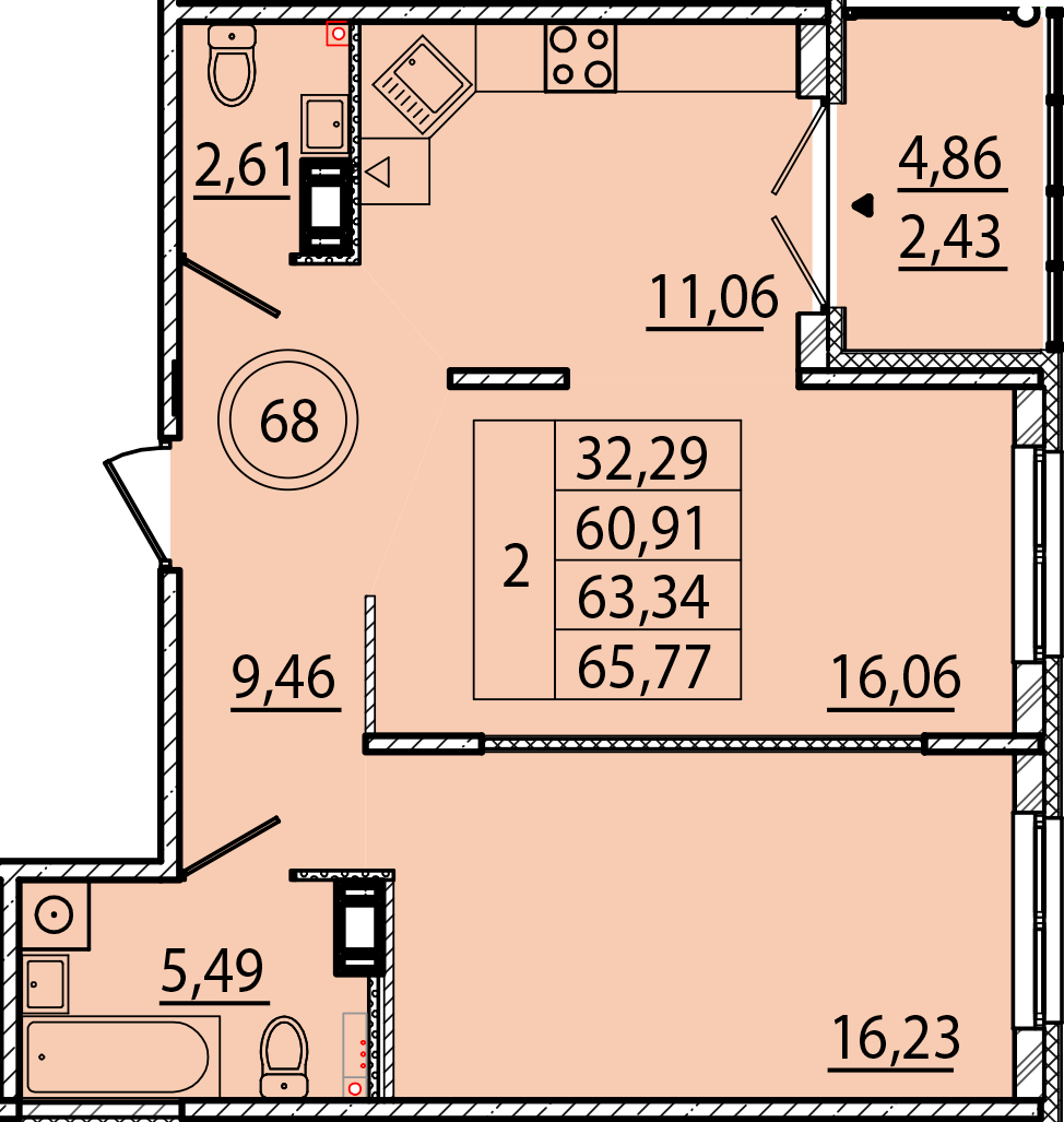2 комн. квартира, 60.9 м², 3 этаж 