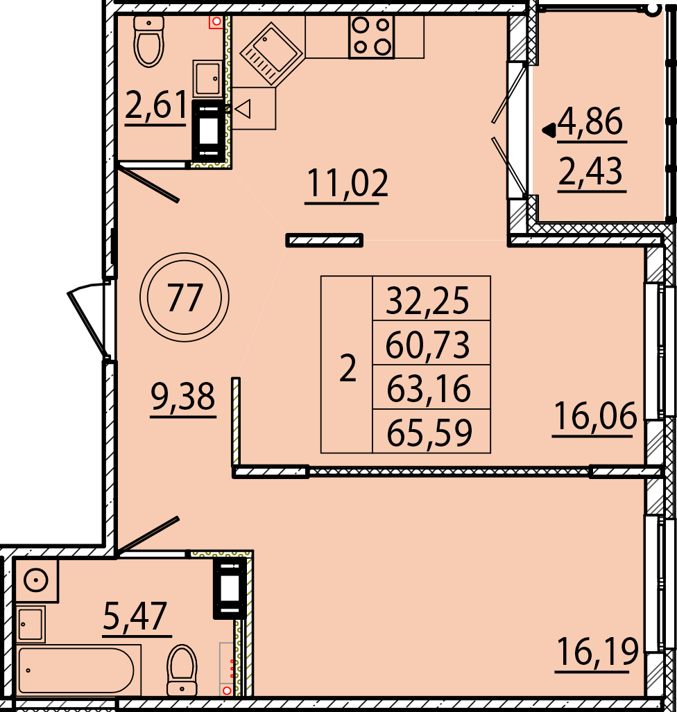 2 комн. квартира, 60.7 м², 4 этаж 