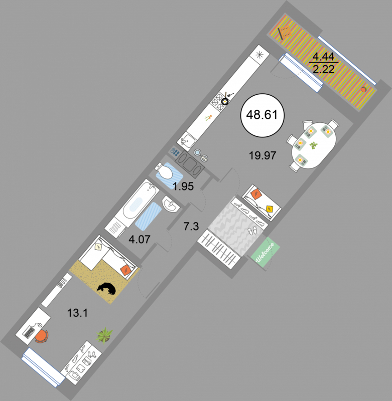 1 комн. квартира, 48.6 м², 5 этаж 