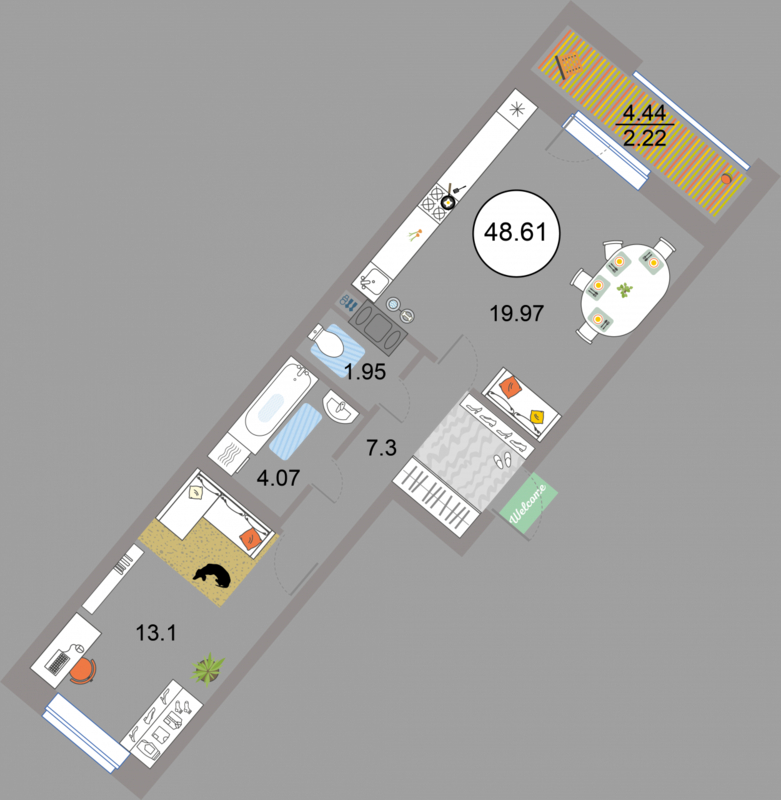 1 комн. квартира, 48.6 м², 7 этаж 