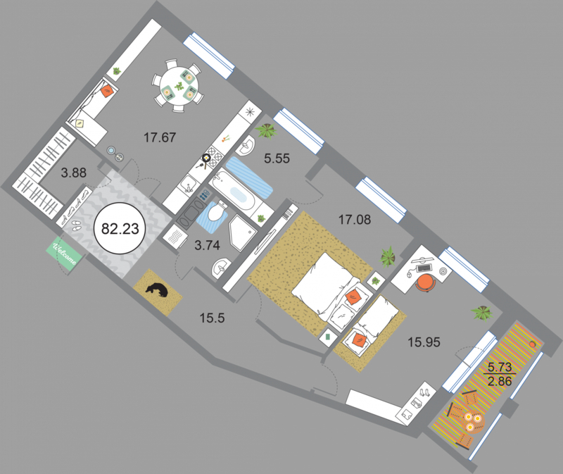 2 комн. квартира, 82.2 м², 4 этаж 
