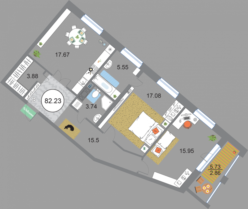 2 комн. квартира, 82.2 м², 6 этаж 