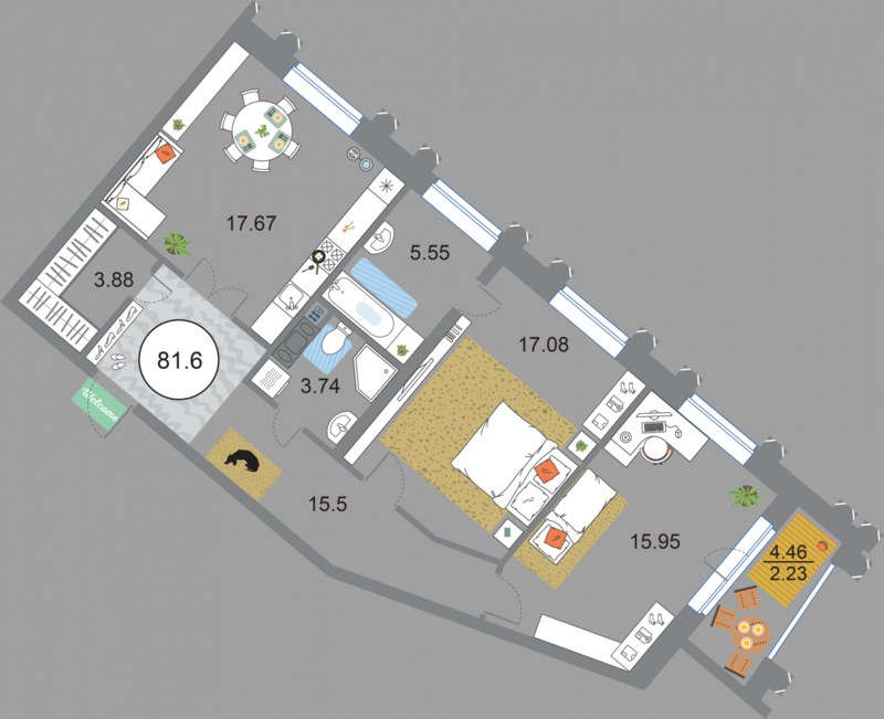 2 комн. квартира, 81.6 м², 10 этаж 