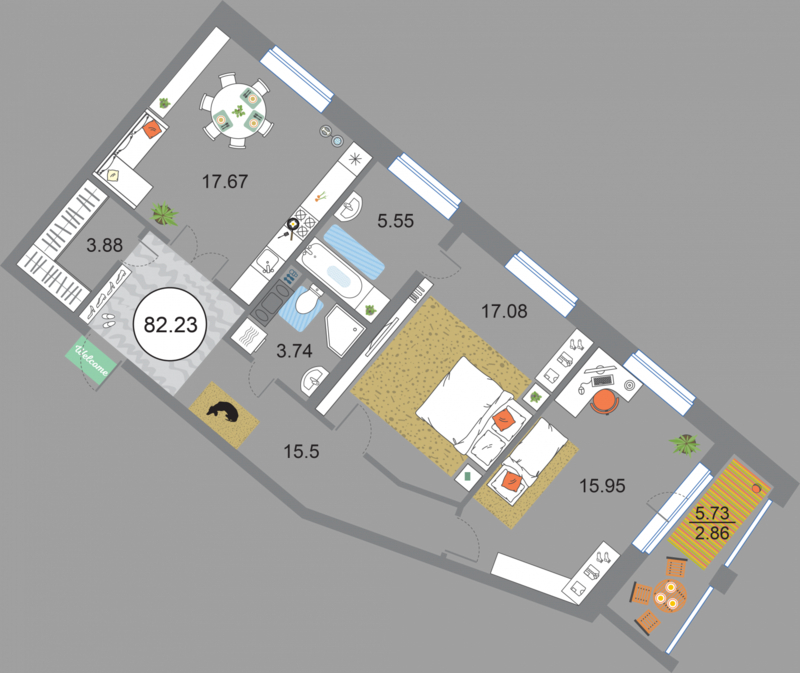 2 комн. квартира, 82.2 м², 7 этаж 