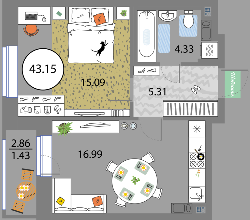 1 комн. квартира, 43.1 м², 7 этаж 