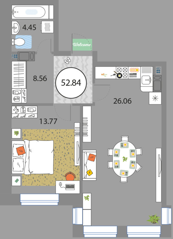 1 комн. квартира, 52.8 м², 4 этаж 