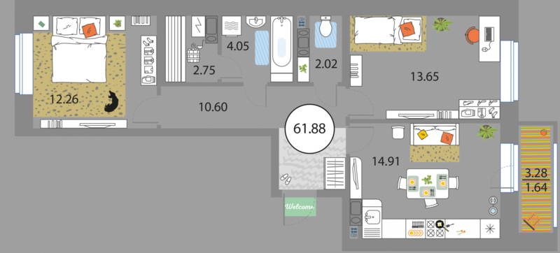 2 комн. квартира, 61.9 м², 7 этаж 